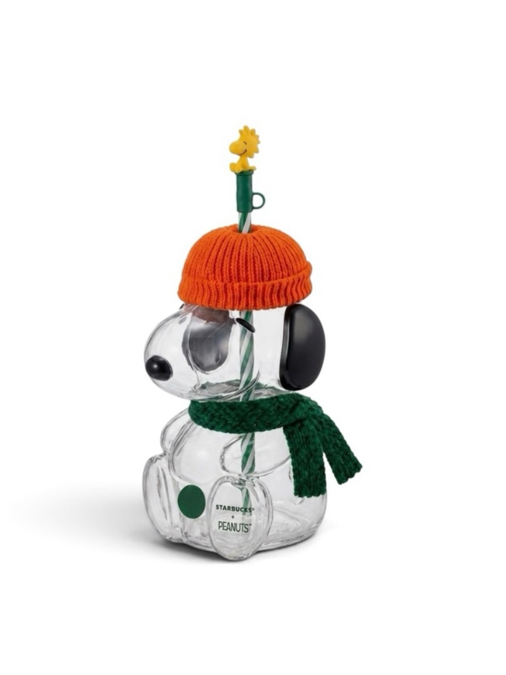 Authentic Starbucks Peanuts Snoopy Glass Tumbler with Orange Hat and Green Scarf